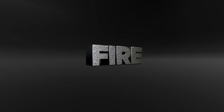 FIRE - hammered metal finish text on black studio - 3D rendered royalty free stock photo. This image can be used for an online website banner ad or a print postcard.