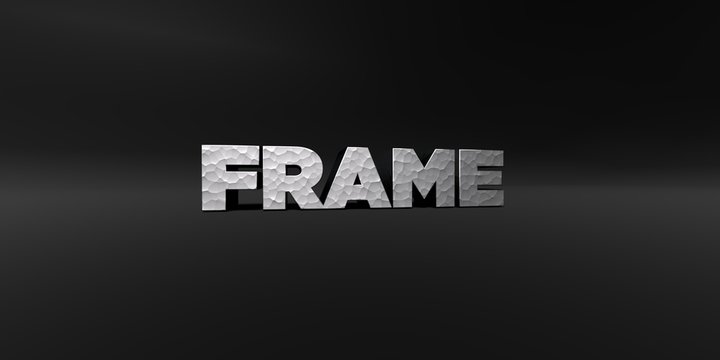 FRAME - hammered metal finish text on black studio - 3D rendered royalty free stock photo. This image can be used for an online website banner ad or a print postcard.