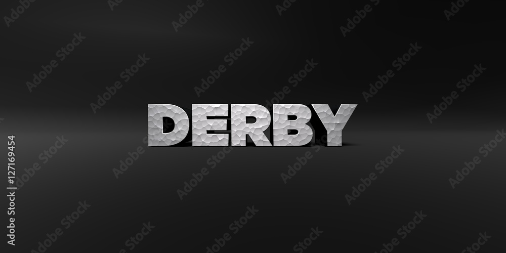 Fototapete derby - hammered metal finish text on black studio - 3d rendered royalty free stock photo. this imag