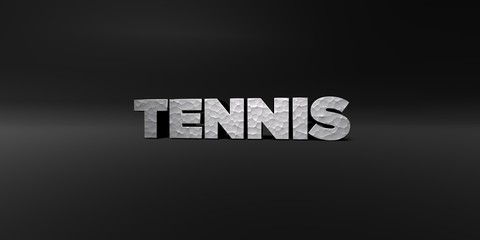 TENNIS - hammered metal finish text on black studio - 3D rendered royalty free stock photo. This image can be used for an online website banner ad or a print postcard.