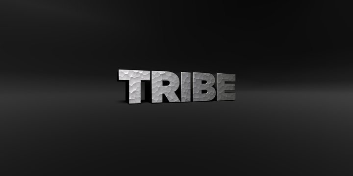 TRIBE - hammered metal finish text on black studio - 3D rendered royalty free stock photo. This image can be used for an online website banner ad or a print postcard.