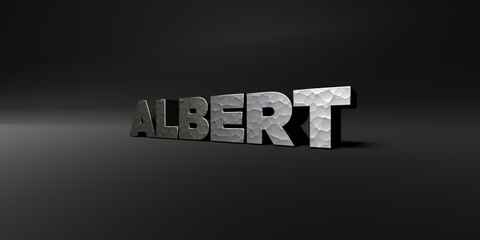 ALBERT - hammered metal finish text on black studio - 3D rendered royalty free stock photo. This image can be used for an online website banner ad or a print postcard.
