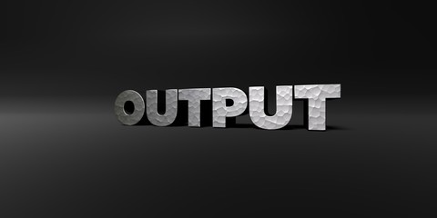 OUTPUT - hammered metal finish text on black studio - 3D rendered royalty free stock photo. This image can be used for an online website banner ad or a print postcard.