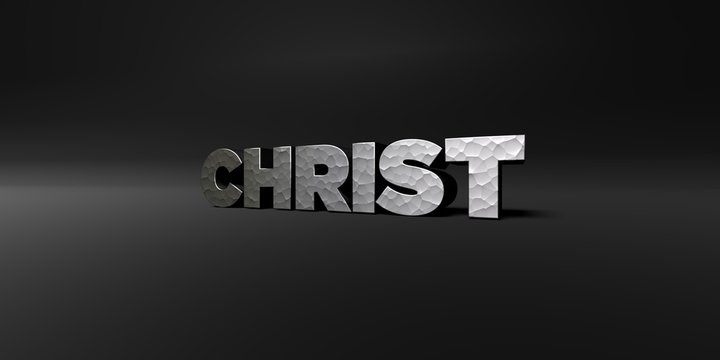CHRIST - hammered metal finish text on black studio - 3D rendered royalty free stock photo. This image can be used for an online website banner ad or a print postcard.