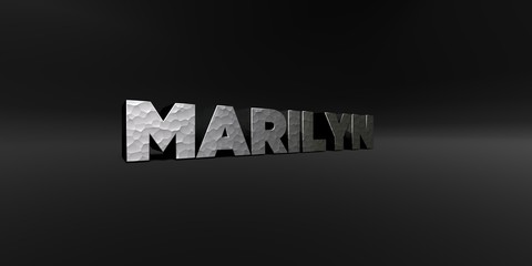 MARILYN - hammered metal finish text on black studio - 3D rendered royalty free stock photo. This image can be used for an online website banner ad or a print postcard.