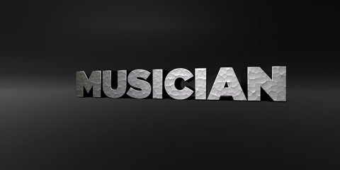 MUSICIAN - hammered metal finish text on black studio - 3D rendered royalty free stock photo. This image can be used for an online website banner ad or a print postcard.