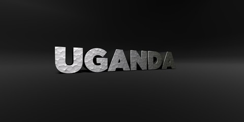 UGANDA - hammered metal finish text on black studio - 3D rendered royalty free stock photo. This image can be used for an online website banner ad or a print postcard.