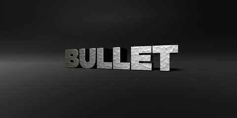 BULLET - hammered metal finish text on black studio - 3D rendered royalty free stock photo. This image can be used for an online website banner ad or a print postcard.