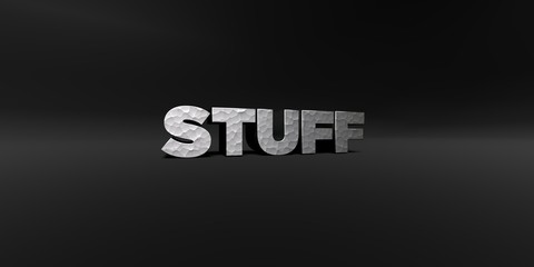 STUFF - hammered metal finish text on black studio - 3D rendered royalty free stock photo. This image can be used for an online website banner ad or a print postcard.
