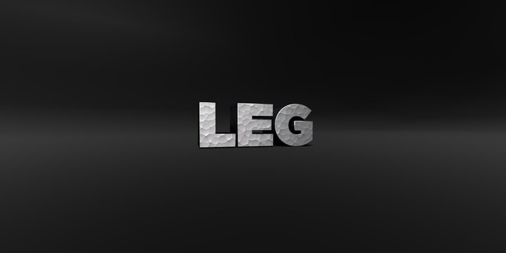LEG - hammered metal finish text on black studio - 3D rendered royalty free stock photo. This image can be used for an online website banner ad or a print postcard.
