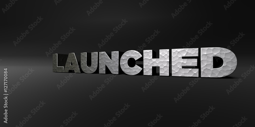 Fototapete launched - hammered metal finish text on black studio - 3d rendered royalty free stock photo. this i
