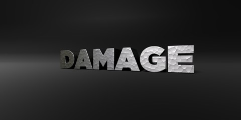DAMAGE - hammered metal finish text on black studio - 3D rendered royalty free stock photo. This image can be used for an online website banner ad or a print postcard.