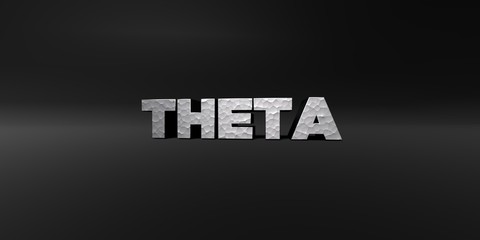 THETA - hammered metal finish text on black studio - 3D rendered royalty free stock photo. This image can be used for an online website banner ad or a print postcard.
