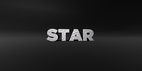 STAR - hammered metal finish text on black studio - 3D rendered royalty free stock photo. This image can be used for an online website banner ad or a print postcard.