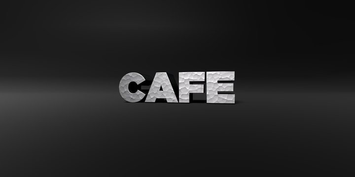 CAFE - hammered metal finish text on black studio - 3D rendered royalty free stock photo. This image can be used for an online website banner ad or a print postcard.
