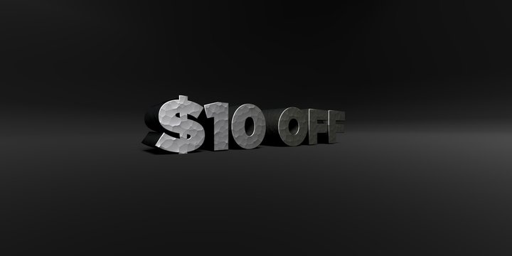 $10 OFF - hammered metal finish text on black studio - 3D rendered royalty free stock photo. This image can be used for an online website banner ad or a print postcard.