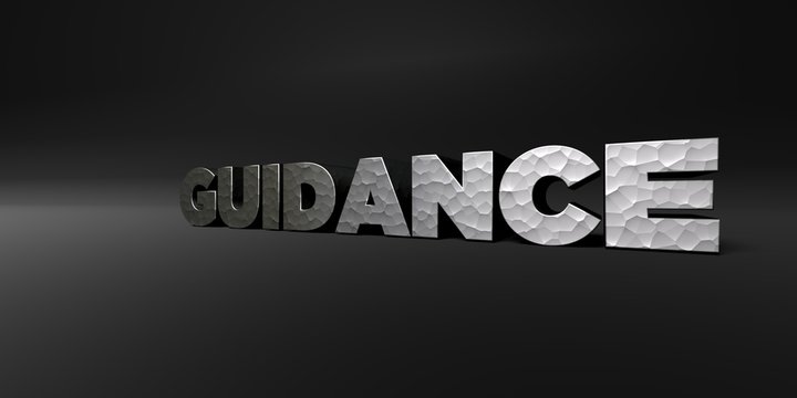 GUIDANCE - hammered metal finish text on black studio - 3D rendered royalty free stock photo. This image can be used for an online website banner ad or a print postcard.