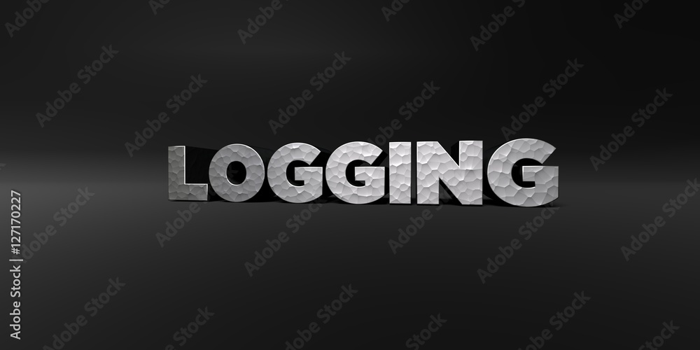 Fototapete LOGGING - hammered metal finish text on black studio - 3D rendered royalty free stock photo. This image can be used for an online website banner ad or a print postcard.