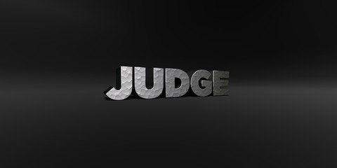 JUDGE - hammered metal finish text on black studio - 3D rendered royalty free stock photo. This image can be used for an online website banner ad or a print postcard.