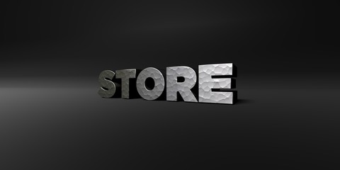 STORE - hammered metal finish text on black studio - 3D rendered royalty free stock photo. This image can be used for an online website banner ad or a print postcard.