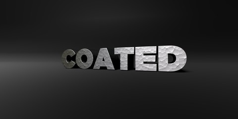 COATED - hammered metal finish text on black studio - 3D rendered royalty free stock photo. This image can be used for an online website banner ad or a print postcard.