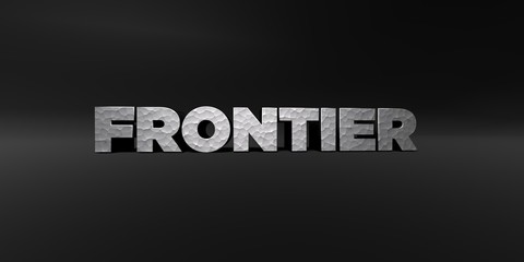 FRONTIER - hammered metal finish text on black studio - 3D rendered royalty free stock photo. This image can be used for an online website banner ad or a print postcard.
