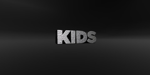 KIDS - hammered metal finish text on black studio - 3D rendered royalty free stock photo. This image can be used for an online website banner ad or a print postcard.