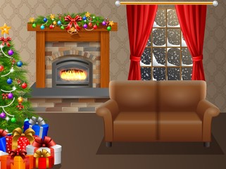 Fireplace and Christmas tree with presents in living room