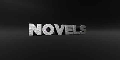NOVELS - hammered metal finish text on black studio - 3D rendered royalty free stock photo. This image can be used for an online website banner ad or a print postcard.