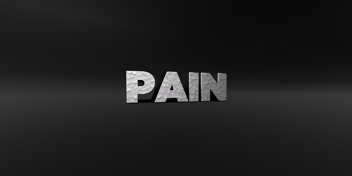 PAIN - hammered metal finish text on black studio - 3D rendered royalty free stock photo. This image can be used for an online website banner ad or a print postcard.