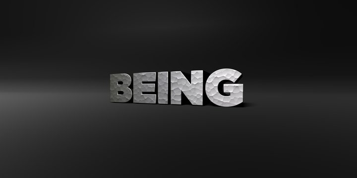 BEING - hammered metal finish text on black studio - 3D rendered royalty free stock photo. This image can be used for an online website banner ad or a print postcard.