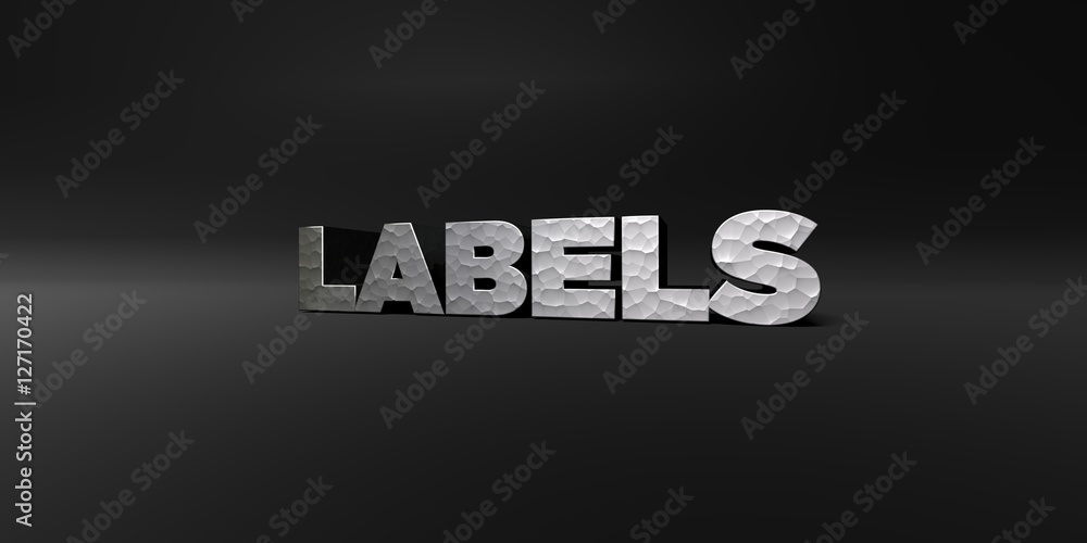 Fototapete labels - hammered metal finish text on black studio - 3d rendered royalty free stock photo. this ima