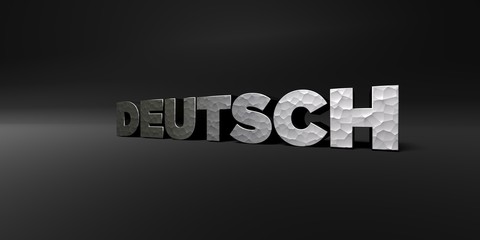 DEUTSCH - hammered metal finish text on black studio - 3D rendered royalty free stock photo. This image can be used for an online website banner ad or a print postcard.