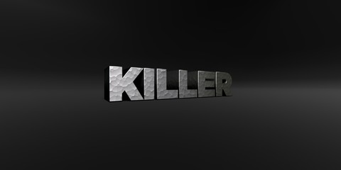 KILLER - hammered metal finish text on black studio - 3D rendered royalty free stock photo. This image can be used for an online website banner ad or a print postcard.