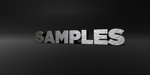 SAMPLES - hammered metal finish text on black studio - 3D rendered royalty free stock photo. This image can be used for an online website banner ad or a print postcard.