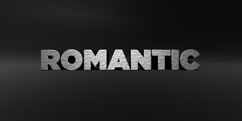 ROMANTIC - hammered metal finish text on black studio - 3D rendered royalty free stock photo. This image can be used for an online website banner ad or a print postcard.
