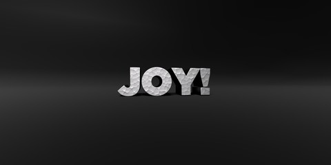 JOY! - hammered metal finish text on black studio - 3D rendered royalty free stock photo. This image can be used for an online website banner ad or a print postcard.