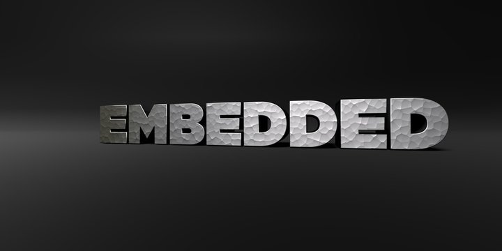 EMBEDDED - hammered metal finish text on black studio - 3D rendered royalty free stock photo. This image can be used for an online website banner ad or a print postcard.
