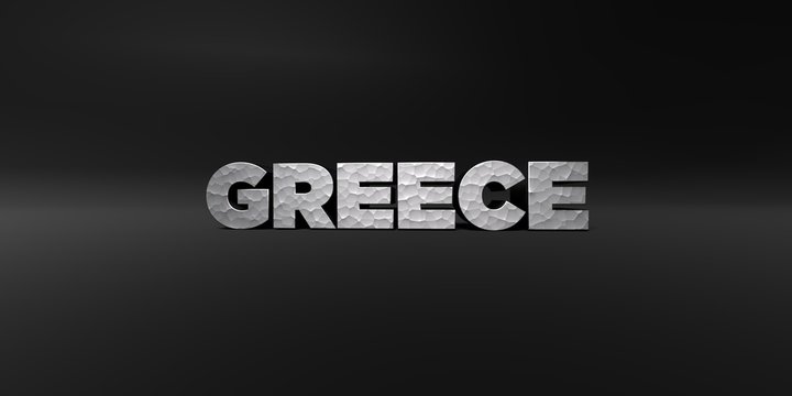 GREECE - hammered metal finish text on black studio - 3D rendered royalty free stock photo. This image can be used for an online website banner ad or a print postcard.