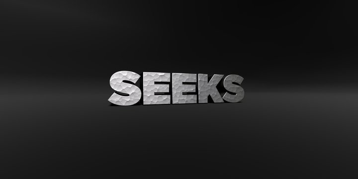 SEEKS - hammered metal finish text on black studio - 3D rendered royalty free stock photo. This image can be used for an online website banner ad or a print postcard.
