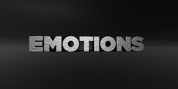 EMOTIONS - hammered metal finish text on black studio - 3D rendered royalty free stock photo. This image can be used for an online website banner ad or a print postcard.