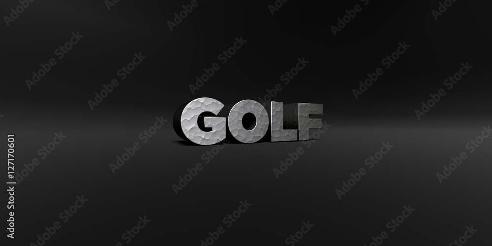 Fototapete golf - hammered metal finish text on black studio - 3d rendered royalty free stock photo. this image