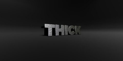 THICK - hammered metal finish text on black studio - 3D rendered royalty free stock photo. This image can be used for an online website banner ad or a print postcard.