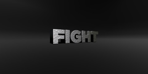 FIGHT - hammered metal finish text on black studio - 3D rendered royalty free stock photo. This image can be used for an online website banner ad or a print postcard.