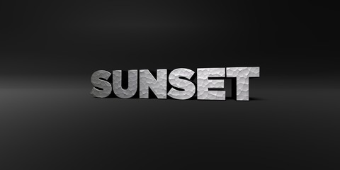 SUNSET - hammered metal finish text on black studio - 3D rendered royalty free stock photo. This image can be used for an online website banner ad or a print postcard.