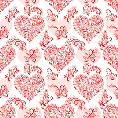 Fototapeta na wymiar Seamless Background, Valentine Holiday Hearts with Floral Pattern, Leafs and Butterflies, Red Contours and Silhouettes. Vector