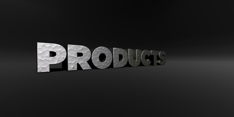 PRODUCTS - hammered metal finish text on black studio - 3D rendered royalty free stock photo. This image can be used for an online website banner ad or a print postcard.