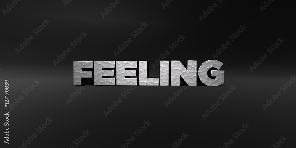 Fototapete feeling - hammered metal finish text on black studio - 3d rendered royalty free stock photo. this im