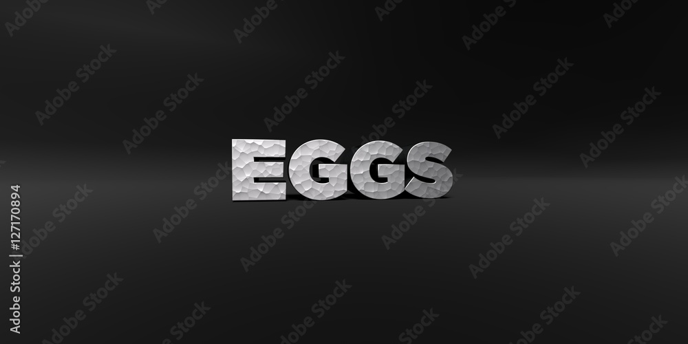 Fototapete eggs - hammered metal finish text on black studio - 3d rendered royalty free stock photo. this image