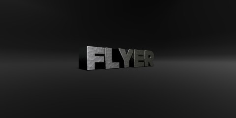 FLYER - hammered metal finish text on black studio - 3D rendered royalty free stock photo. This image can be used for an online website banner ad or a print postcard.